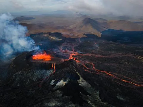 Impressive view of the exploding red lava of the Active Volcano Stock Photos