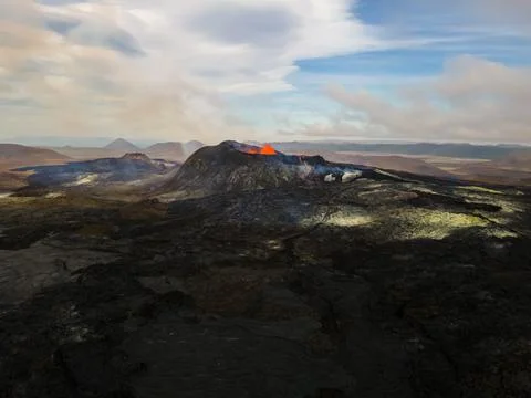 Impressive view of the exploding red lava of the Active Volcano Stock Photos