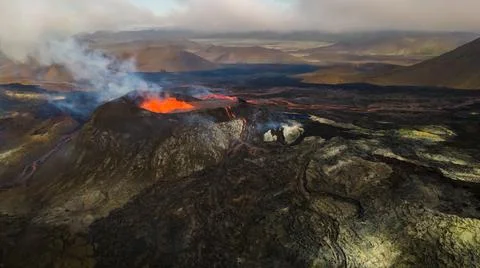 Impressive view of the exploding red lava of the Active Volcano Stock Photos