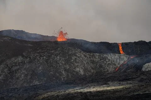 Impressive view of the exploding red lava of the Active Volcano Stock Photos