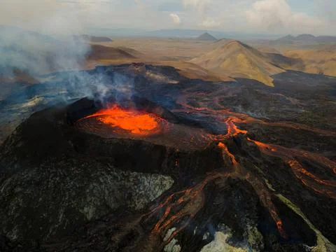 Impressive view of the exploding red lava of the Active Volcano Stock Photos