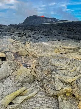 Impressive view of the exploding red lava of the Active Volcano Stock Photos