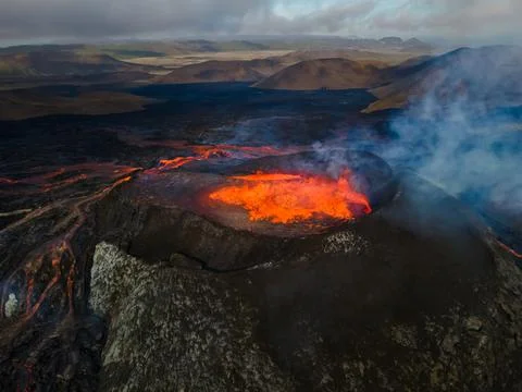 Impressive view of the exploding red lava of the Active Volcano Stock Photos