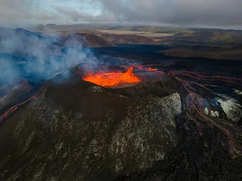Impressive view of the exploding red lava of the Active Volcano Stock Photos