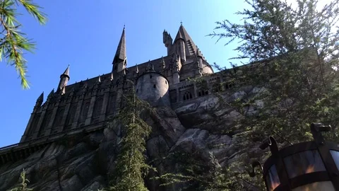 Impressive view of Hogwarts from below and from the side while waiting in Stock Footage 96367752