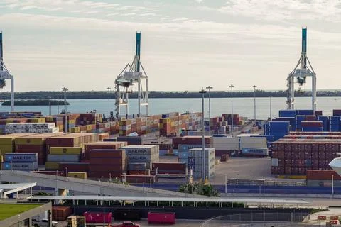 Impressive view of the huge container cranes in the Miami Port Stock Photos