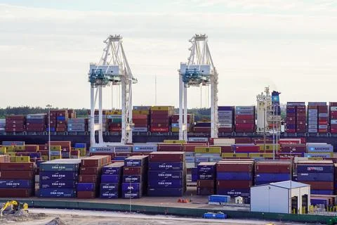 Impressive view of the huge container cranes in the Miami Port Stock Photos