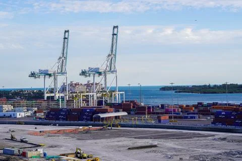 Impressive view of the huge container cranes in the Miami Port Stock Photos