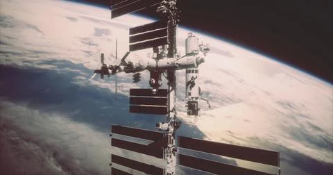 Impressive view of the International Space Station orbiting Earth Stock Illustration