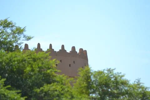 Impressive view of the mud-brick buildings and trees of Ait Benhaddou Stock Photos