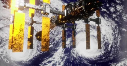 Impressive view of a space station orbiting Earth surrounded by storms Stock Illustration
