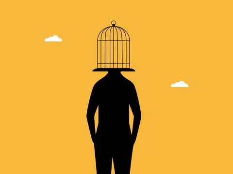 Imprisoned thoughts and imagination, The man with a bird cage head Stock Illustration
