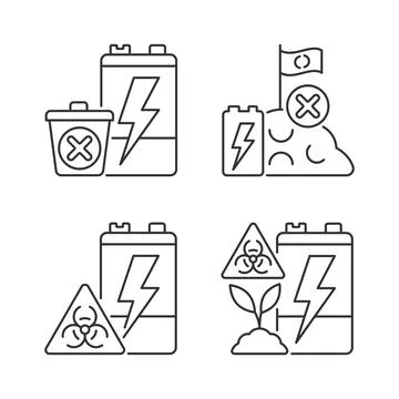 Improper battery disposal linear icons set Stock Illustration