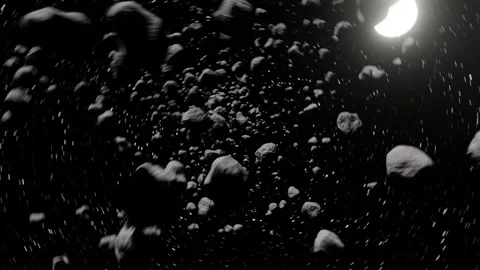 Improved animation of POV flight through asteroid field with barrel roll, 4K Stock Footage 259864568