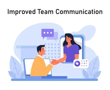 Improved Team Communication highlighted. A man on laptop virtually Stock Illustration