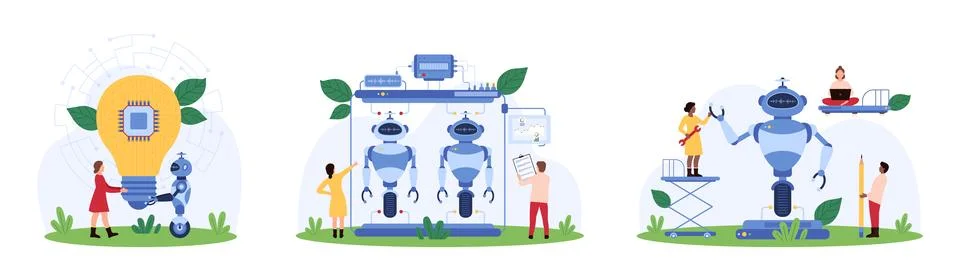 Improvement of AI service, machine learning, tech idea research by tiny people Stock Illustration