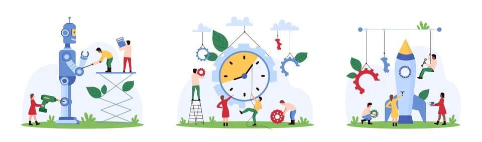 Improvement, optimization of tech solutions set, tiny people repair rocket and Stock Illustration