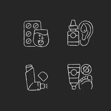 Improving disease symptoms chalk white icons set on dark background Stock Illustration