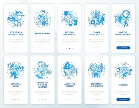 Improving self esteem blue onboarding mobile app screen set Stock Illustration