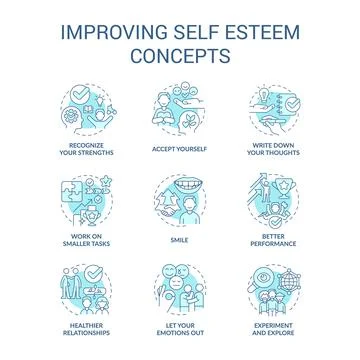 Improving self esteem turquoise concept icons set Stock Illustration