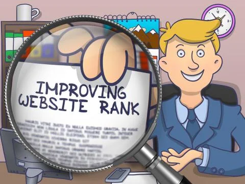 Improving Website Rank through Magnifier. Doodle Style 스톡 일러스트
