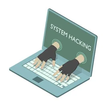 Impudent hacker is stealing data from laptop. Illustrazione stock