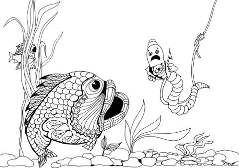 Impudent worm on the hook. Hand drawn patterns for coloring. Stock-Illustration