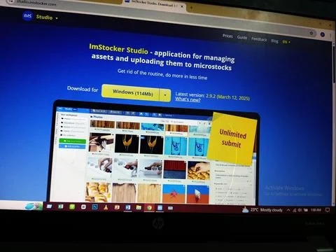Imstocker Studio website interface opened on computer. Stock Photos