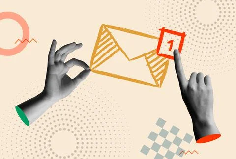 Inbox mail message notification and hand in retro collage vector Stock Illustration