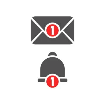 Inbox new message and notification bell icon. Grey color object. One new inco Stock Illustration