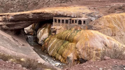 The Inca bridge with mountain river and hot thermal springs.Las Heras, Argentina Stock Footage 248181913