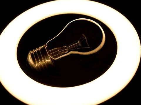 Incandescent lamp inside LED ring light source Concept photography, the light Stock Photos