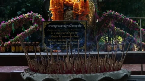 Incense burning in slow motion in front of huge insect statue Stock Footage 209811683