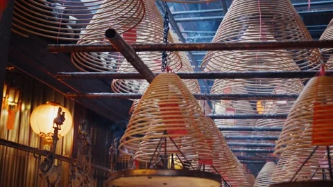 Incense coils burning in man mo temple, hong kong Stock Footage 314985255