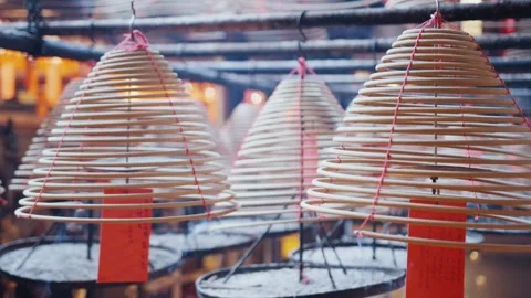 Incense coils burning in man mo temple, hong kong Stock Footage 314985287