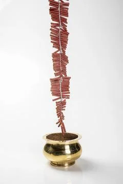 Incense pot with a string of Chinese firecrackers on the rope hanging on a .. Stock Photos