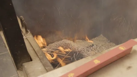 Incense Sticks Burning in Altar with Smoke at Temple in Beijing, China Stock Footage 345684191