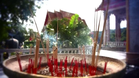 Incense Sticks Burning at Buddhist Temple Stock Footage 85002419