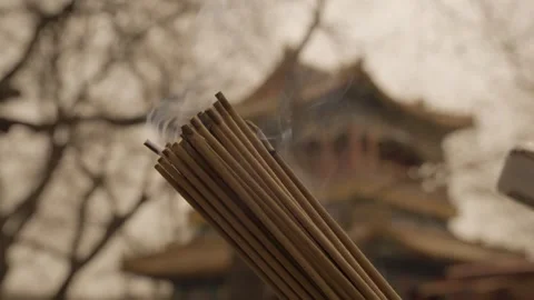 Incense Sticks Burning with Smoke in Front of Temple Structure in Beijing, China Stock Footage 345687124