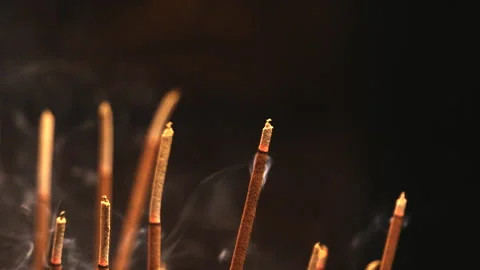Incense Sticks Slowly Burning in Temple Censer Releasing Smoke Stock-Footage 342526256