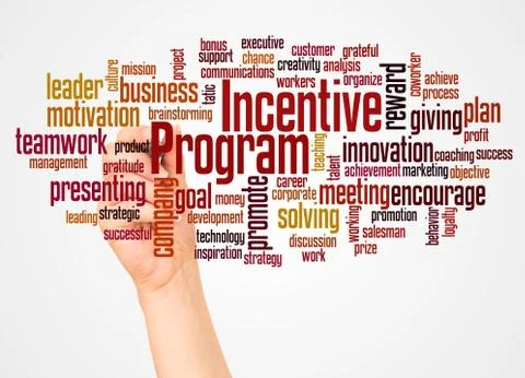 Incentive program word cloud and hand with marker concept Fotos de archivo