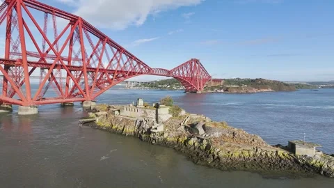 Inch Garvie Castle from a drone, Forth Bridge, Queensferry Crossing, Scotland Stock-Footage 317308347
