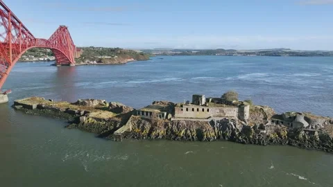 Inch Garvie Castle from a drone, Forth Bridge, Queensferry Crossing, Scotland Stock-Footage 317308378