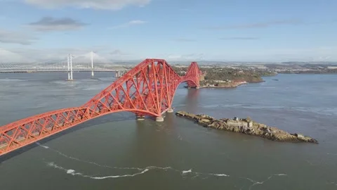 Inch Garvie Castle from a drone, Forth Bridge, Queensferry Crossing, Scotland Stock-Footage 317308407