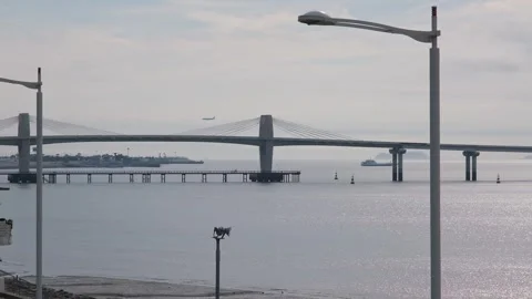 Incheon Bridge, the longest cable-stayed bridge in South Korea, at sunset Vídeo Stock 345037389
