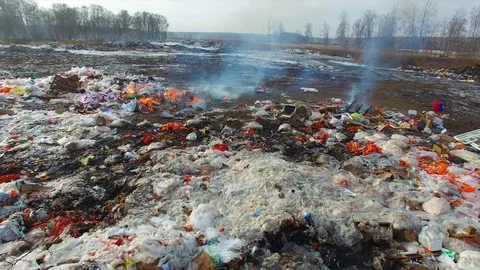 Incineration of waste debris, environmental pollution Shooting from air Stock Footage