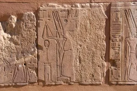 Incised blocks making up part of the reconstructed red chapel or Chapelle Rou Stock Photos