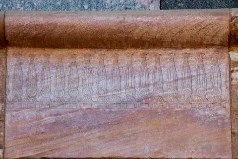 Incised blocks making up part of the reconstructed red chapel or Chapelle Rou Stock Photos