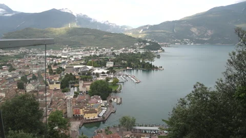Inclined elevator track overlooking Riva del Garda and Lake Garda, Italy Stock Footage 341333378