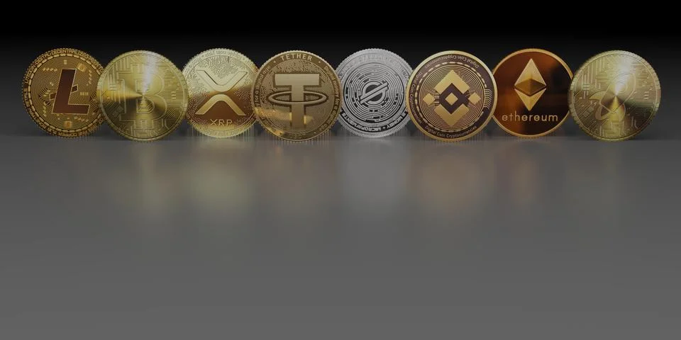 Include Cryptocurrency Coins with bitcoin litecoin and ethereum symbols on da Stock Illustration